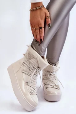 Damskie Modne Śniegowce Sznurowane Jasnobeżowe Carrios