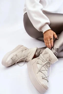 Damskie Modne Śniegowce Sznurowane Jasnobeżowe Carrios