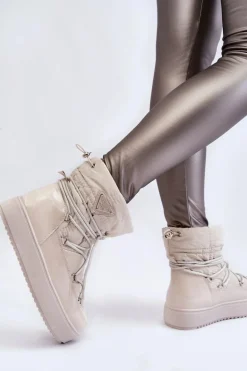 Damskie Modne Śniegowce Sznurowane Jasnobeżowe Carrios