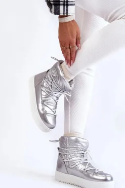 Damskie Modne Śniegowce Sznurowane Srebrne Carrios