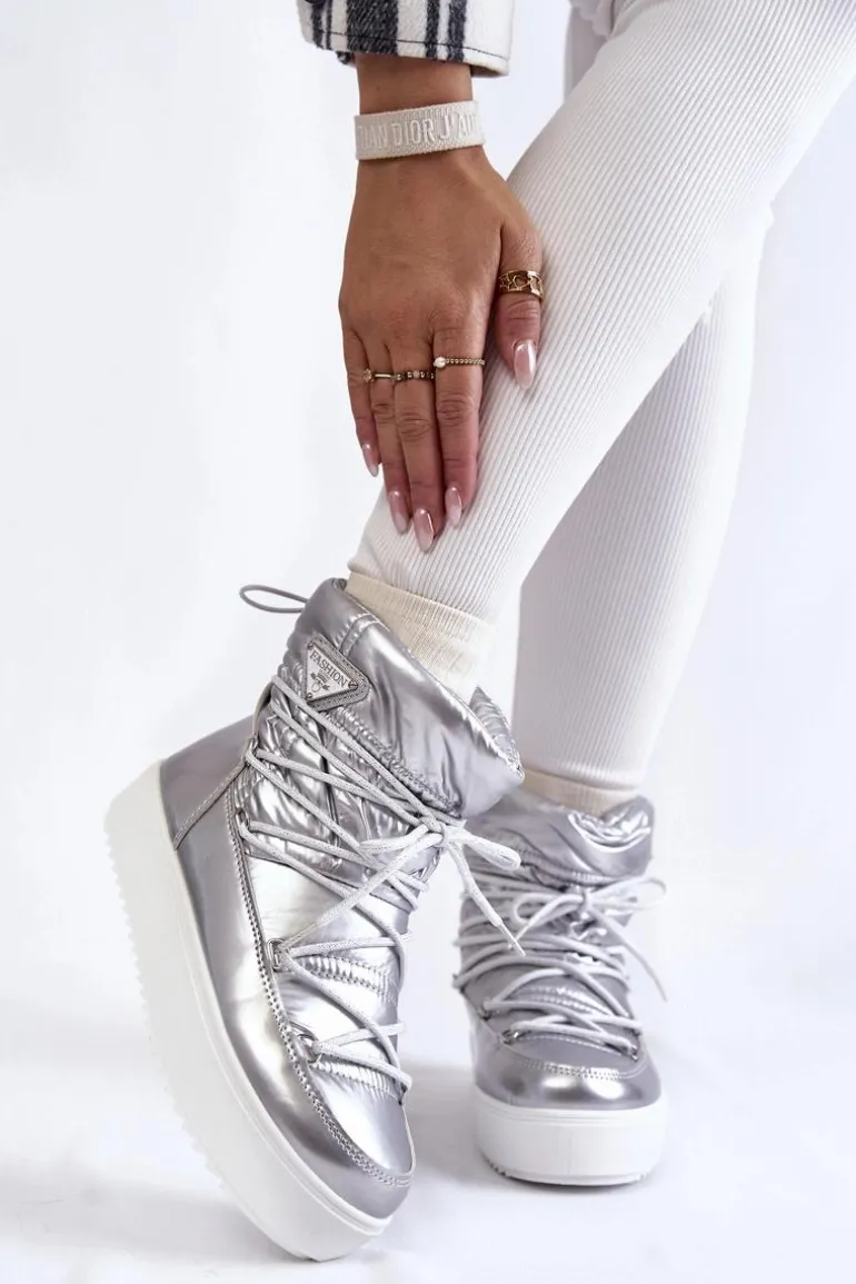 Damskie Modne Śniegowce Sznurowane Srebrne Carrios