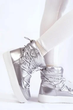 Damskie Modne Śniegowce Sznurowane Srebrne Carrios