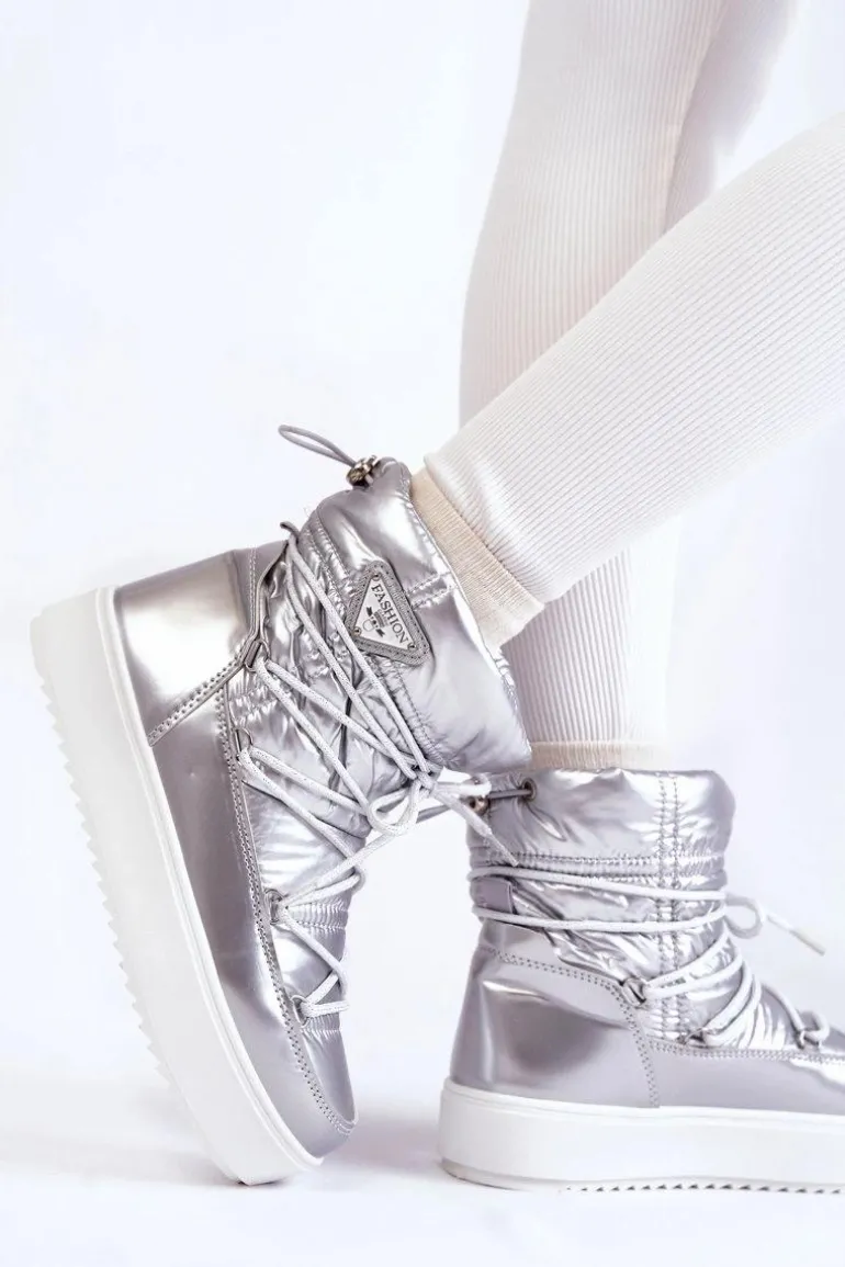 Damskie Modne Śniegowce Sznurowane Srebrne Carrios