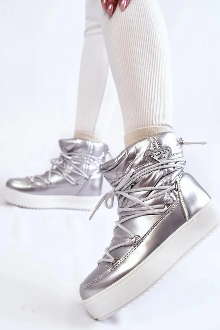 Damskie Modne Śniegowce Sznurowane Srebrne Carrios