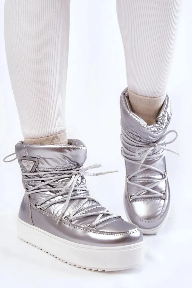 Damskie Modne Śniegowce Sznurowane Srebrne Carrios