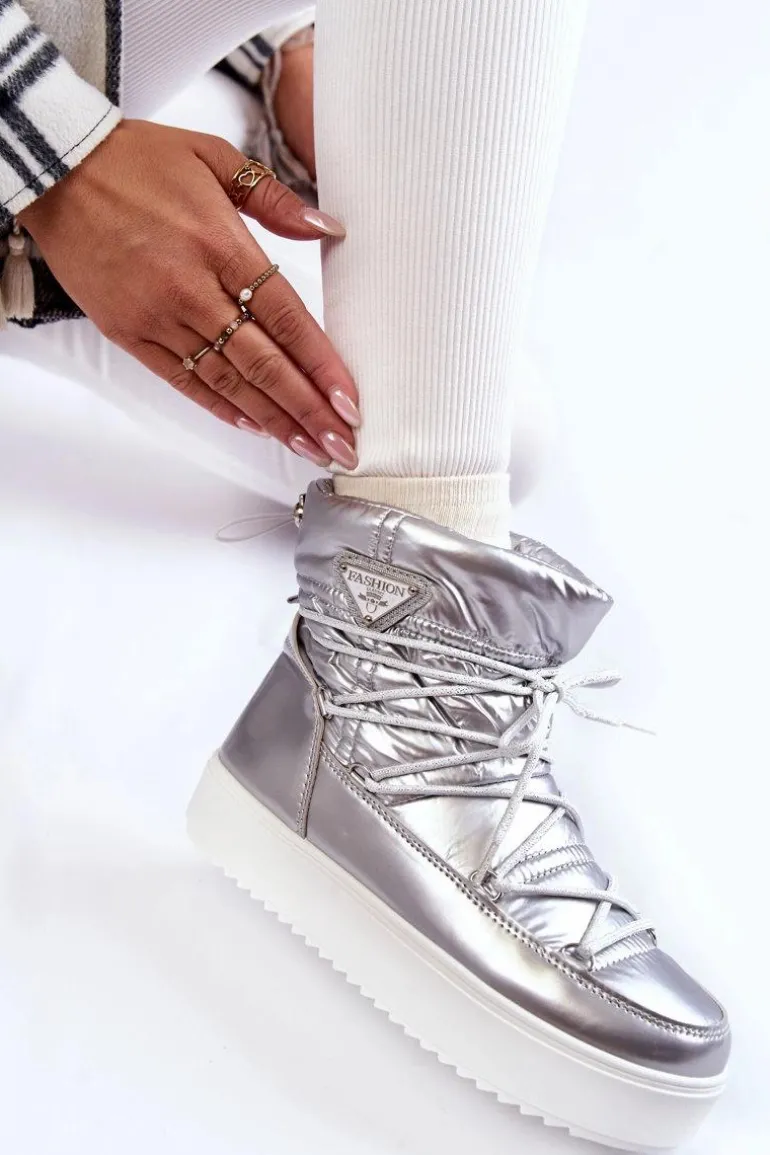 Damskie Modne Śniegowce Sznurowane Srebrne Carrios