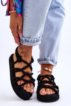 Damskie Modne Plecione Sandały Czarne Tiffanie