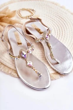 Damskie Modne Sandały Japonki Z Ozdobnymi Dżetami Srebrne Bellia