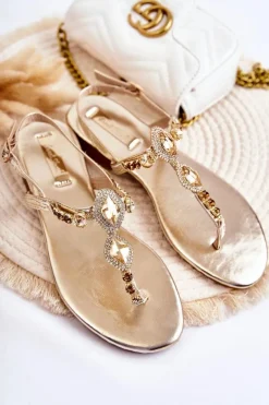 Damskie Modne Sandały Japonki Z Ozdobnymi Dżetami Złote Bellia