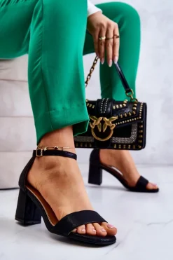 Damskie Modne Sandały Na Słupku Czarne Lucida