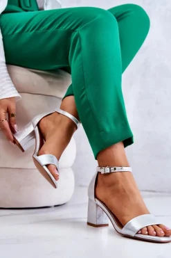 Damskie Modne Sandały Na Słupku Srebrne Lucida