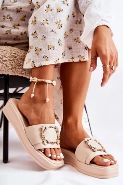 Damskie Modne Skórzane Klapki Beżowe Adaline