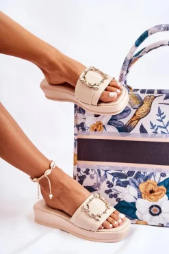 Damskie Modne Skórzane Klapki Beżowe Adaline