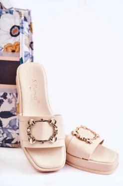 Damskie Modne Skórzane Klapki Beżowe Adaline