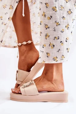 Damskie Modne Skórzane Klapki Beżowe Adaline