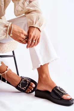 Damskie Modne Skórzane Klapki Czarne Adaline