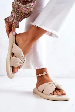 Damskie Modne Skórzane Klapki Beżowe Savirra