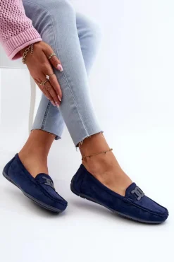 Damskie Modne Zamszowe Mokasyny Granatowe Rabell