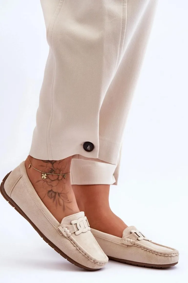 Damskie Modne Zamszowe Mokasyny Beżowe Rabell