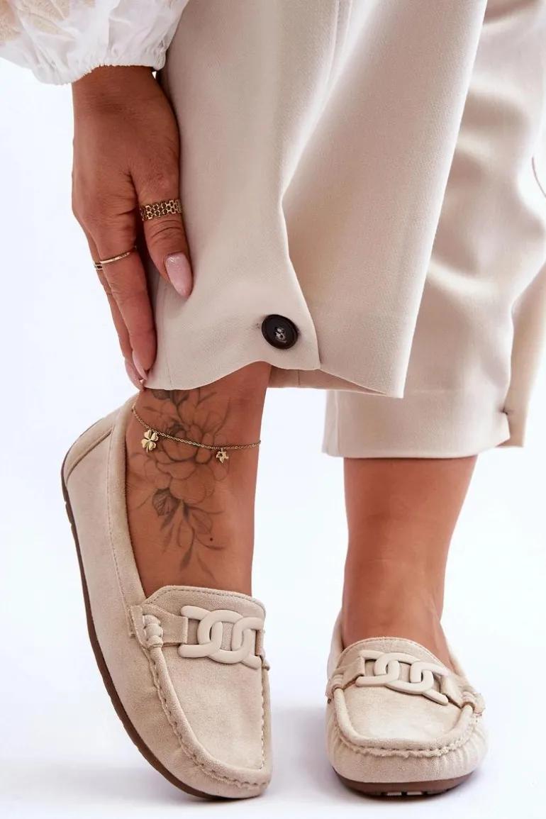 Damskie Modne Zamszowe Mokasyny Beżowe Rabell