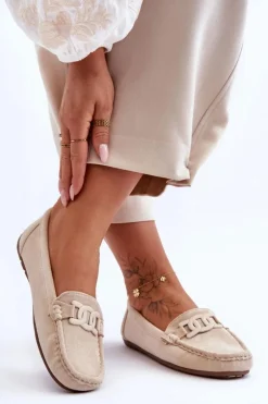 Damskie Modne Zamszowe Mokasyny Beżowe Rabell
