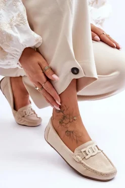 Damskie Modne Zamszowe Mokasyny Beżowe Rabell