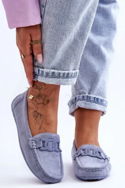 Damskie Modne Zamszowe Mokasyny Niebieskie Rabell