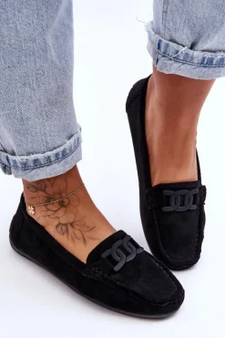 Damskie Modne Zamszowe Mokasyny Czarne Rabell