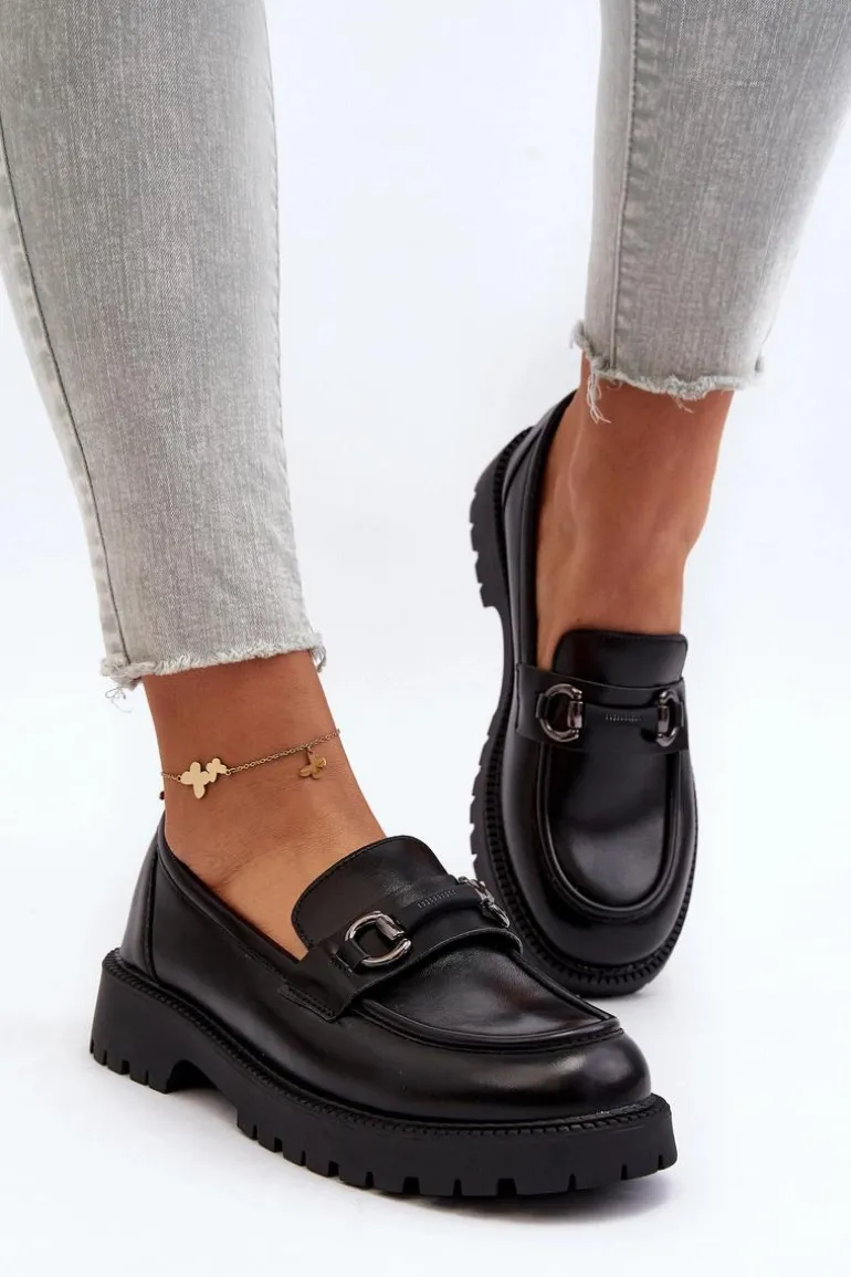 Damskie Mokasyny Eko Skórzane Czarne Ledda