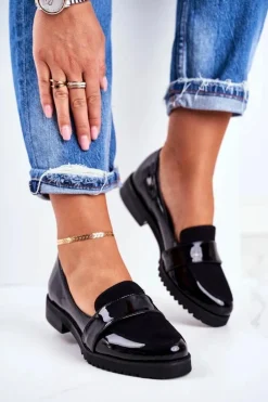 Damskie Mokasyny Lordsy Lakierowana Skóra Czarne Nicole 2589