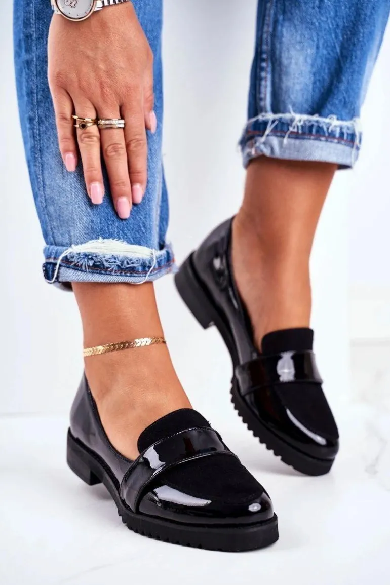 Damskie Mokasyny Lordsy Lakierowana Skóra Czarne Nicole 2589