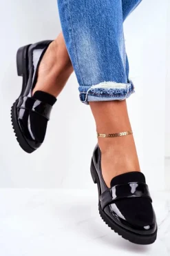 Damskie Mokasyny Lordsy Lakierowana Skóra Czarne Nicole 2589