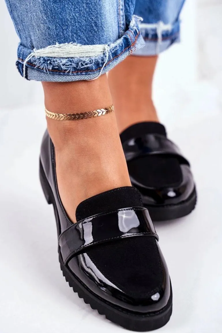 Damskie Mokasyny Lordsy Lakierowana Skóra Czarne Nicole 2589