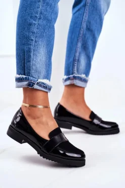 Damskie Mokasyny Lordsy Lakierowana Skóra Czarne Nicole 2589