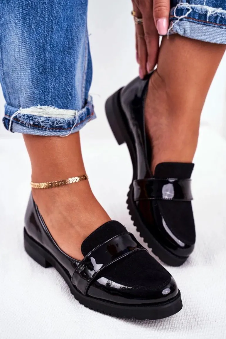 Damskie Mokasyny Lordsy Lakierowana Skóra Czarne Nicole 2589