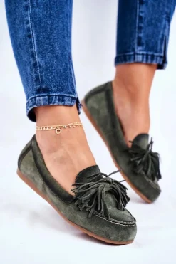 Damskie Mokasyny Maciejka Skórzane Oliwkowe 04830-24