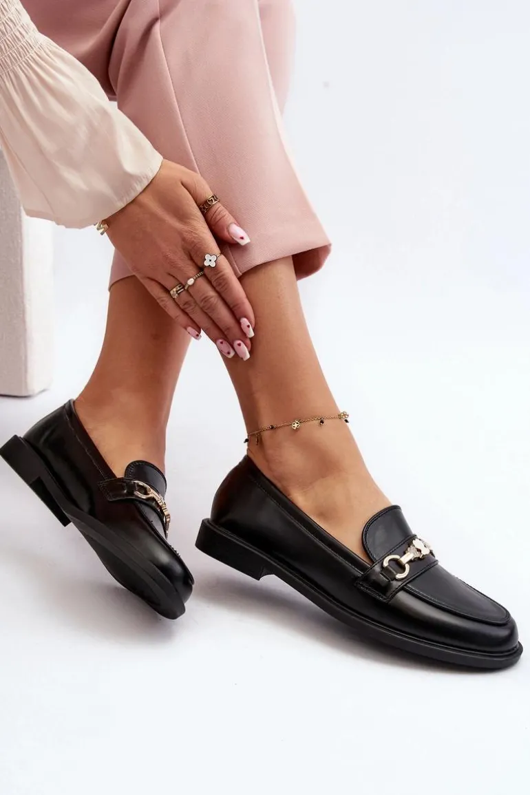 Damskie Mokasyny Na Płaskim Obcasie Eko Skórzane Czarne Vimedia