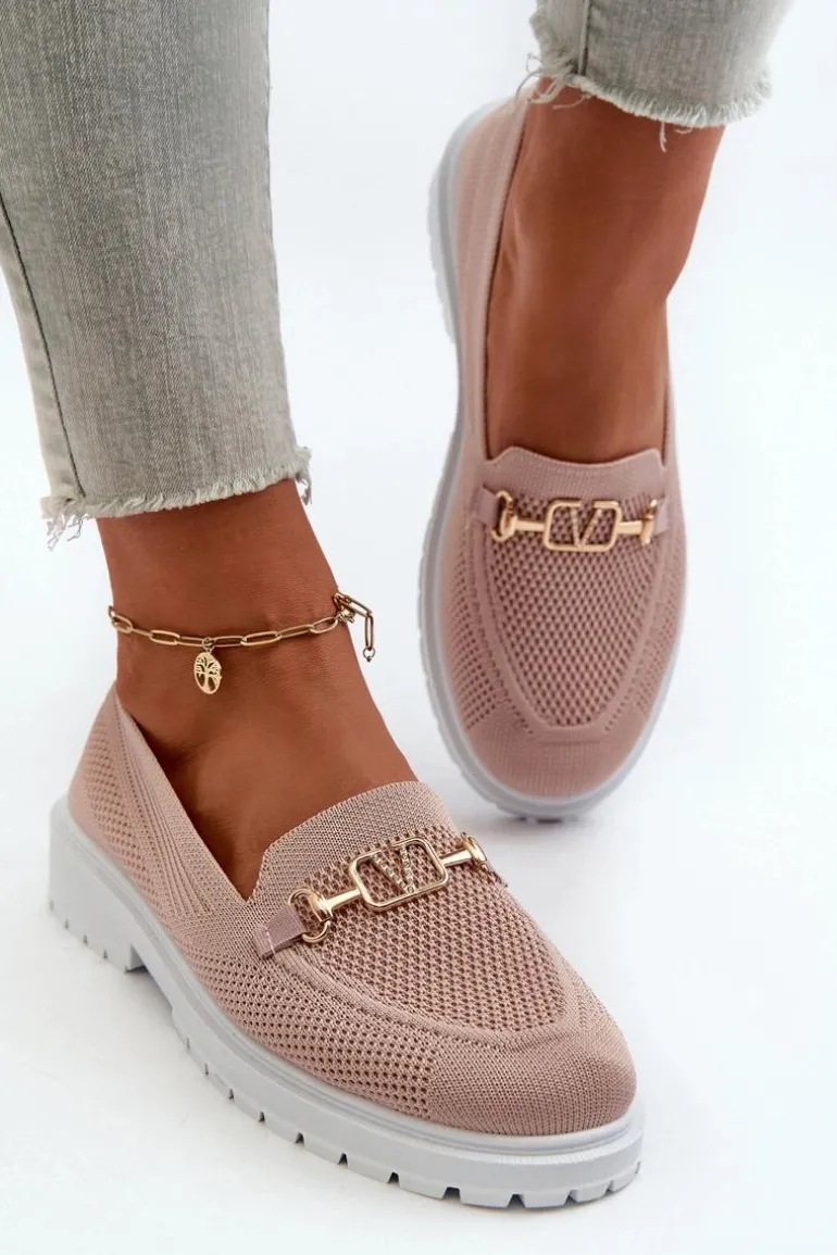Damskie Mokasyny Na Płaskim Obcasie Ze Złotym Detalem Różowe Limentia