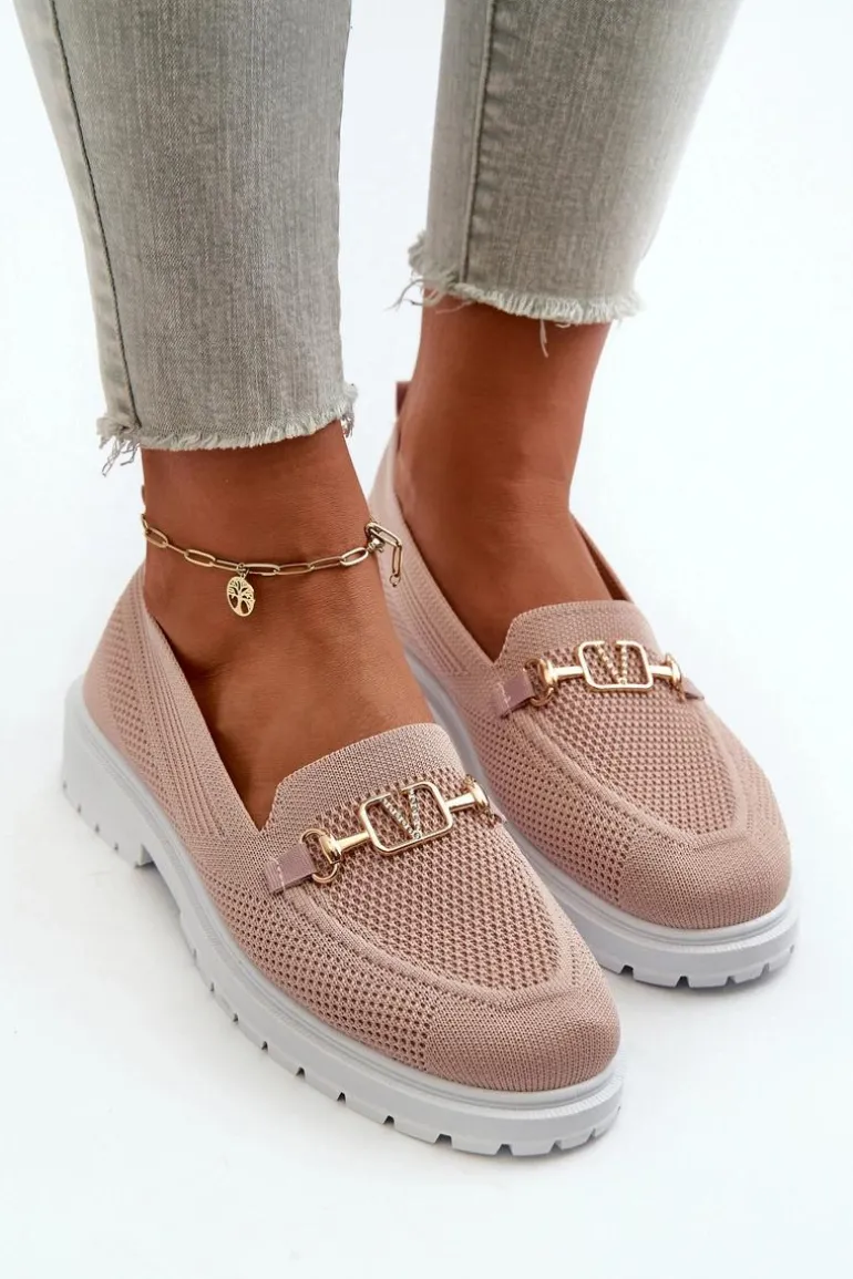 Damskie Mokasyny Na Płaskim Obcasie Ze Złotym Detalem Różowe Limentia