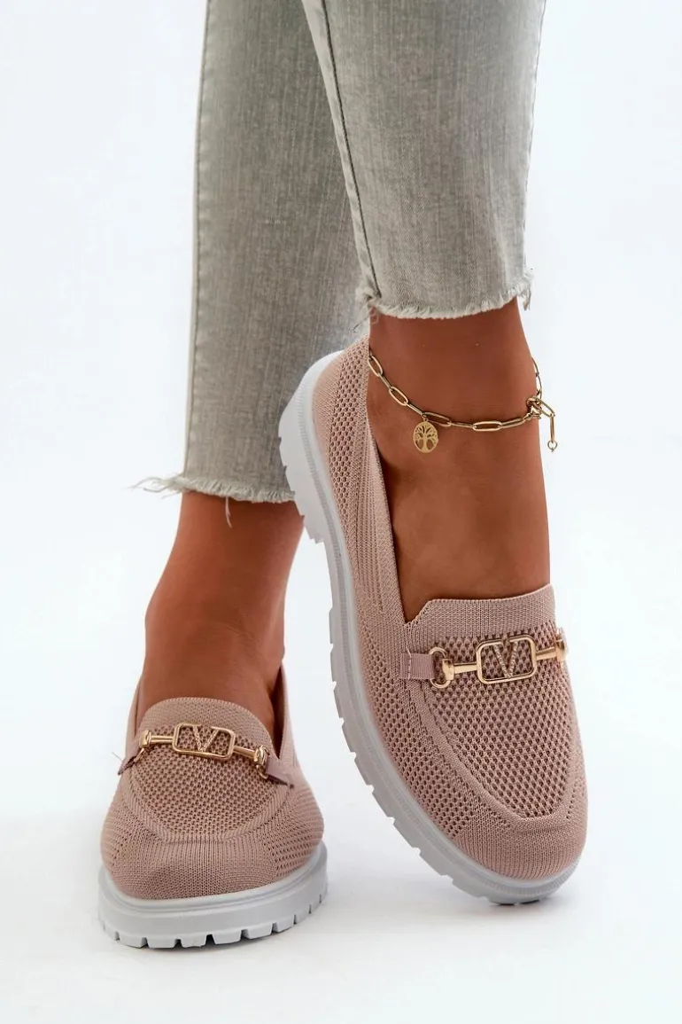 Damskie Mokasyny Na Płaskim Obcasie Ze Złotym Detalem Różowe Limentia