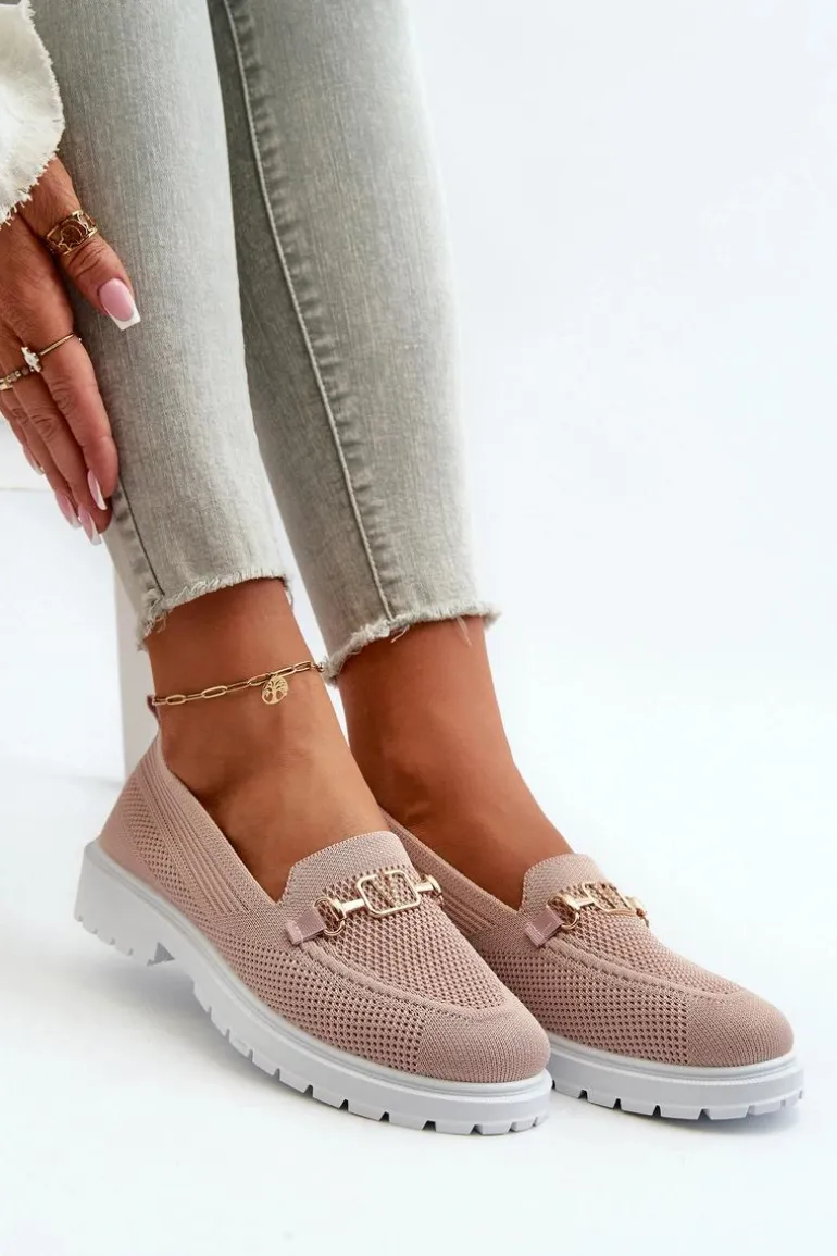 Damskie Mokasyny Na Płaskim Obcasie Ze Złotym Detalem Różowe Limentia