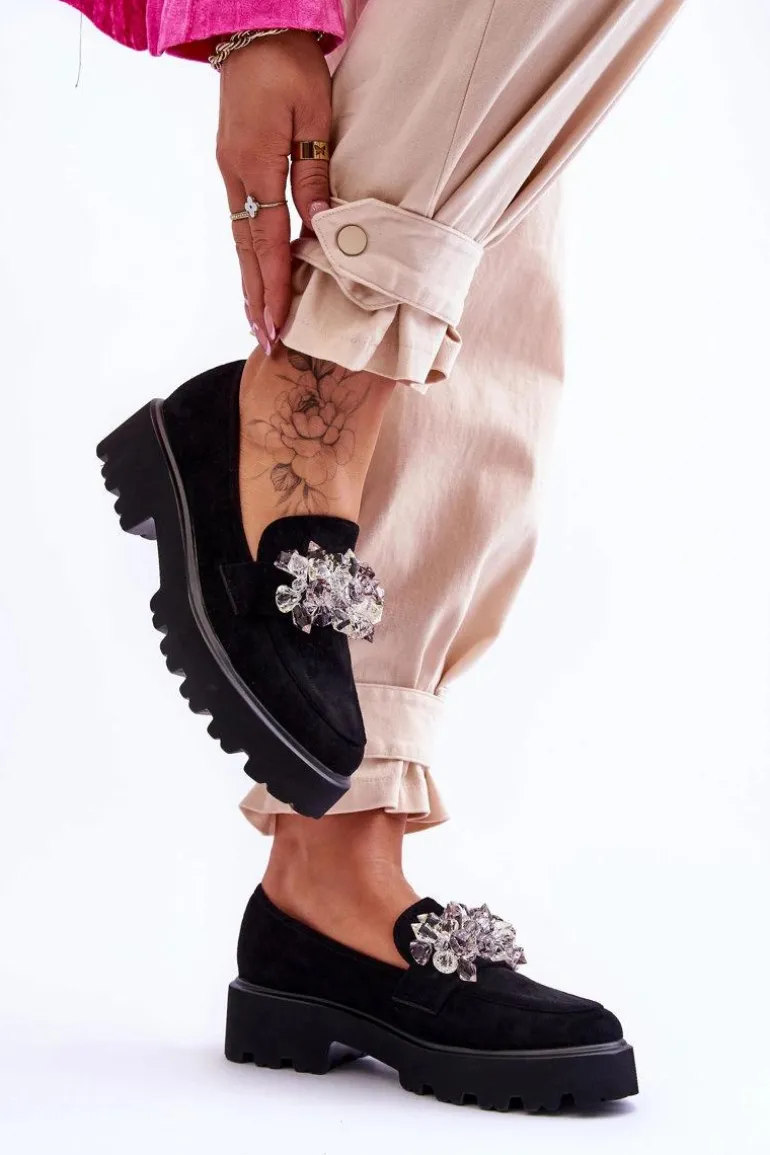 Damskie Mokasyny Na Platformie Z Ozdobami Czarne Brenda