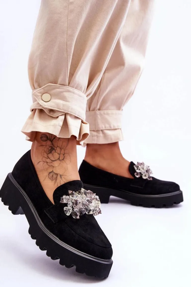 Damskie Mokasyny Na Platformie Z Ozdobami Czarne Brenda