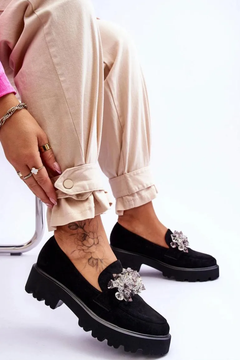 Damskie Mokasyny Na Platformie Z Ozdobami Czarne Brenda