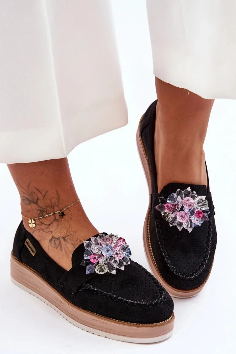 Damskie Mokasyny Na Platformie Z Kamieniami Czarne Elonore