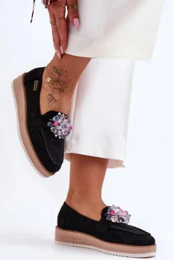 Damskie Mokasyny Na Platformie Z Kamieniami Czarne Elonore