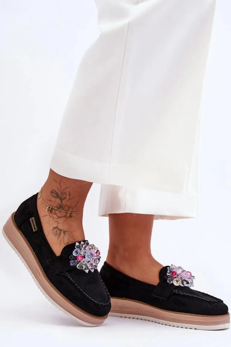 Damskie Mokasyny Na Platformie Z Kamieniami Czarne Elonore