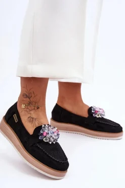 Damskie Mokasyny Na Platformie Z Kamieniami Czarne Elonore