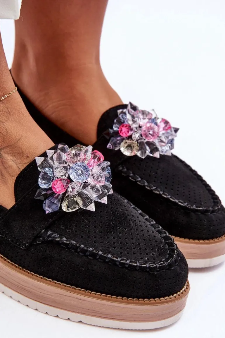 Damskie Mokasyny Na Platformie Z Kamieniami Czarne Elonore