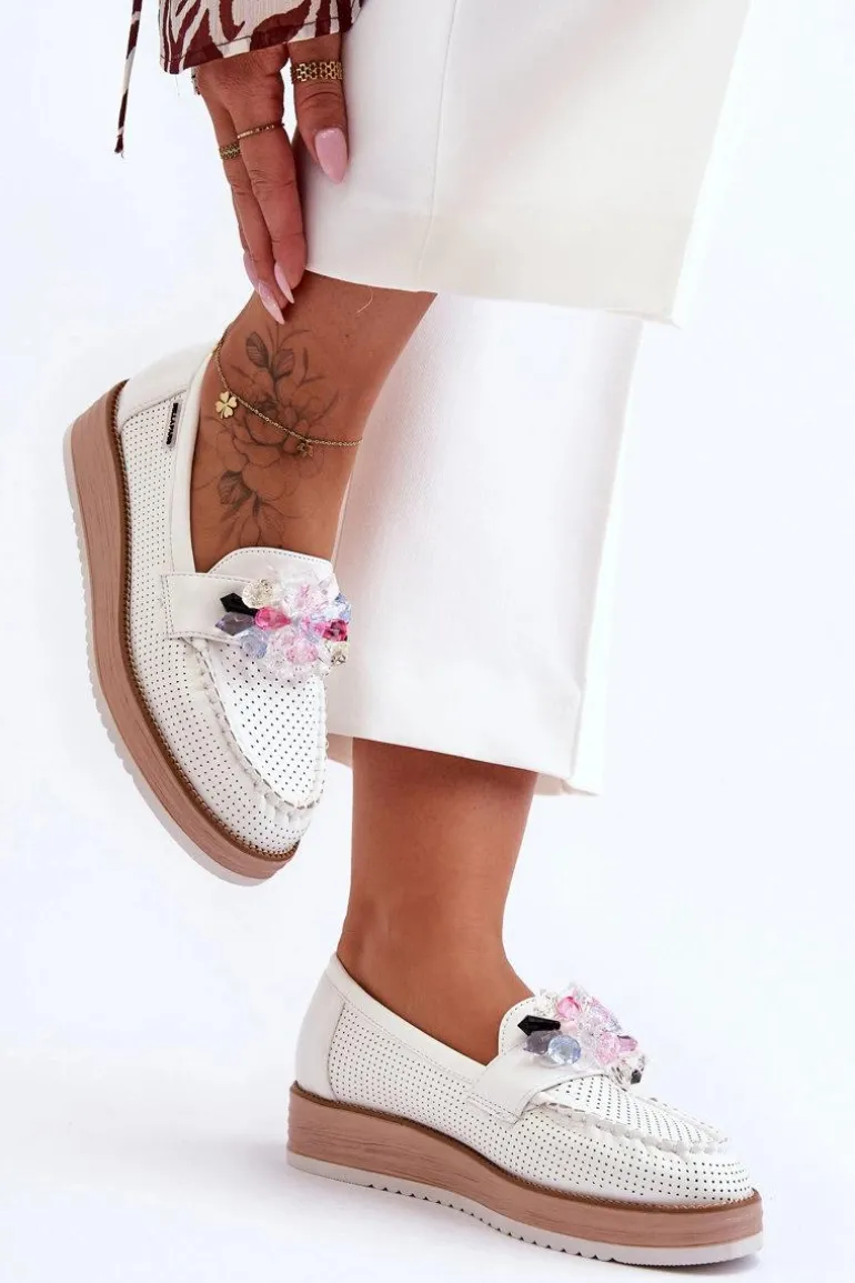 Damskie Mokasyny Na Platformie Z Kamieniami Białe Elonore